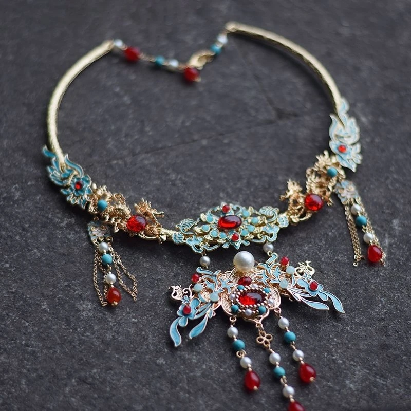 

Chinese Ancient Traditional Yingluo Hanfu Accessories Elegant Style Women Large Necklaces Autumn And Winter Pearl Necklaces