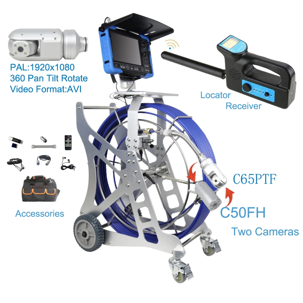 Cámara de doble lente fhd1920 x 1080 65mm 360 Pan Tilt Rotate Pipe Drain, conducto de alcantarillado, sistema de cámara de inspección de vídeo DVR, 9mm, 60m, Cable