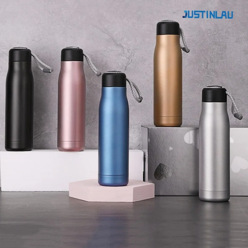 JUSTINLAU Spot Goods-termos de vacío con cuerda de acero inoxidable para viajes al aire libre, botellas de agua térmicas portátiles, 400/550ML