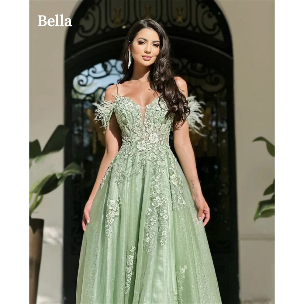 Bella Light Green Tulle Prom Dresses Lace Embroidery A-line vestidos de fiesta Elegant Sleeveless Side High Split Evening Dress