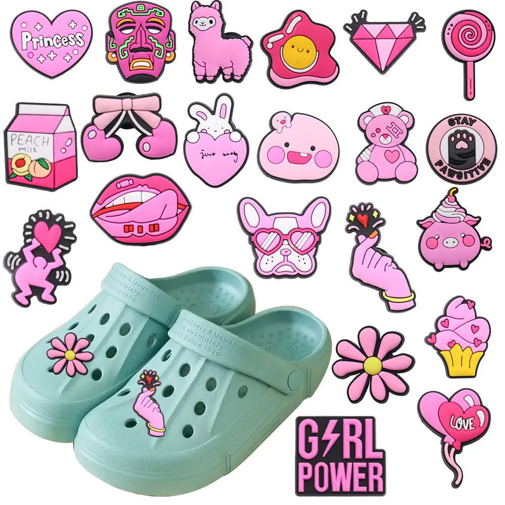 Breloques en PVC Girl Power Coussins, décorations de bracelet, lait de pêche, gâteau d'amour, accessoires pour sandales, chaussures mignonnes, 50 pièces mélangées