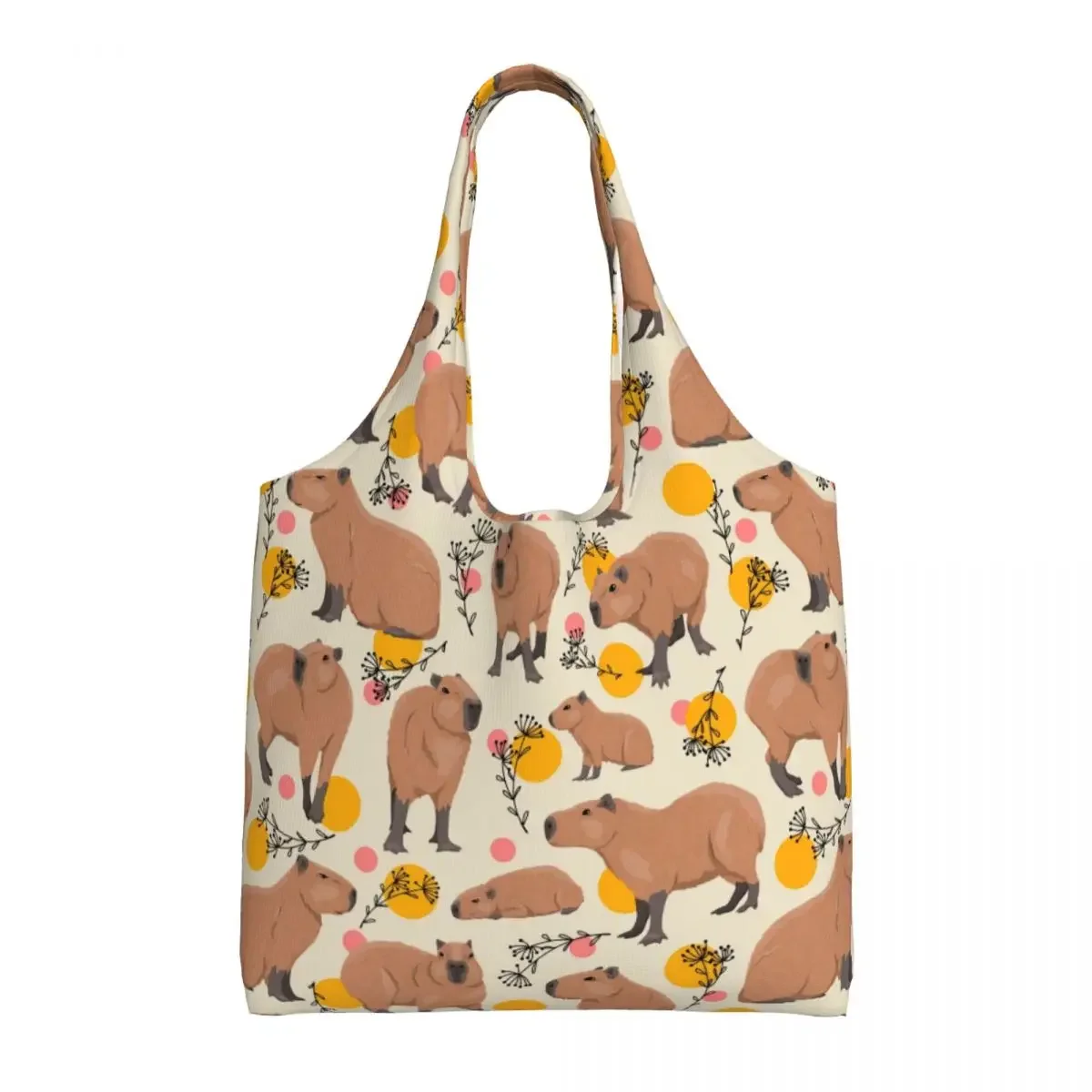 

Recycling Capybaras Doodle Plants Pattern Shopping Bag Women Shoulder Canvas Tote Bag Washable Grocery Shopper Bags