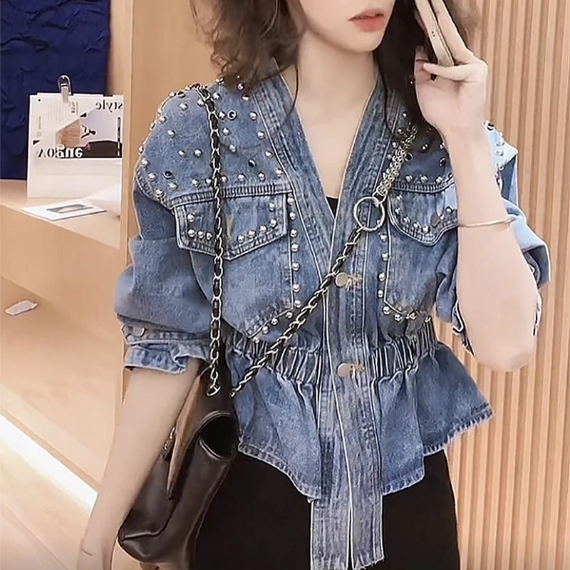 

V-neck Beaded Denim Coat Women's 2024Spring Irregular Short Jeans Jackets Top Design Sense Fashion Artistic Slim Denim Outerwear