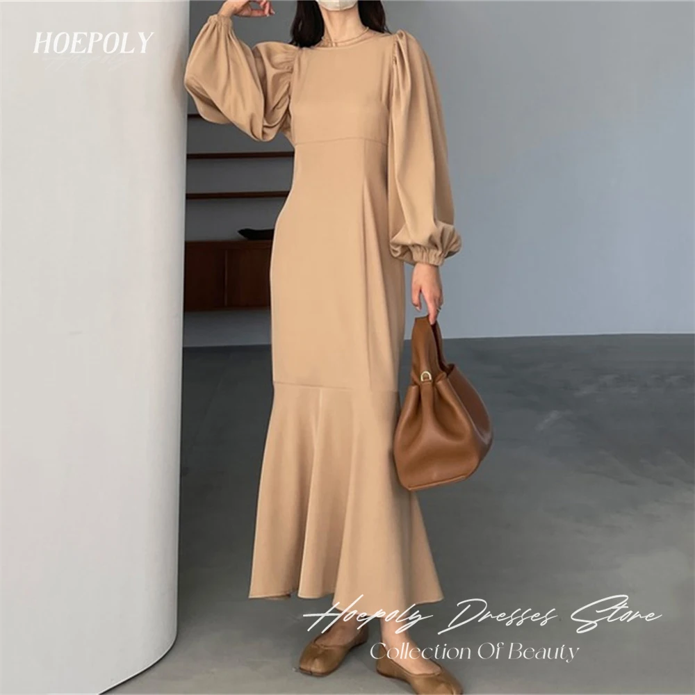 

Hoepoly Pleat Classy O Neck Full Puff Sleeve Mermaid Long Evening Dress Ankle Length Elegant Formal Prom Gown For Woman New