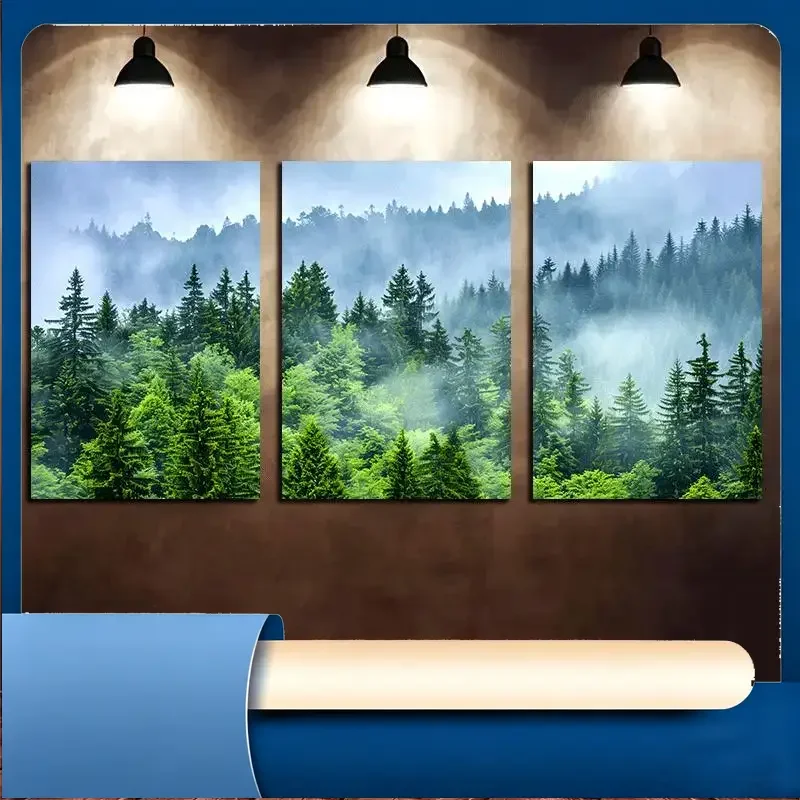 Frameless 3PCS Frameless Misty Forest Landscape Canvas Wall Art Green Pine Tree Nature Scenery Home Decoration
