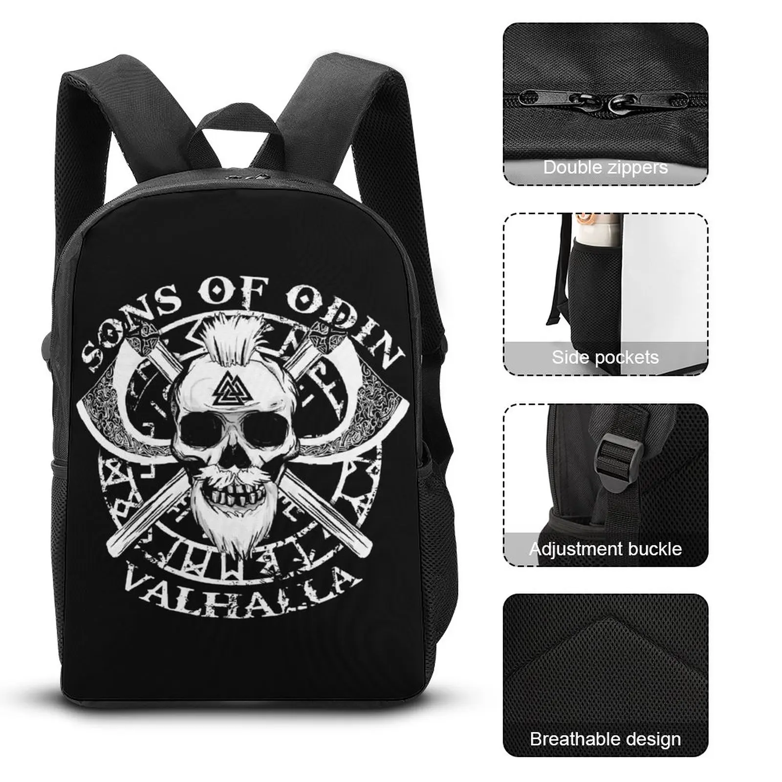 3 in 1 Set 17 Inch Backpack Lunch Bag Pen Bag SONS OF ODIN Viking Valhalla Thor Rune Val Durable Blanket Roll Comfortable Summer