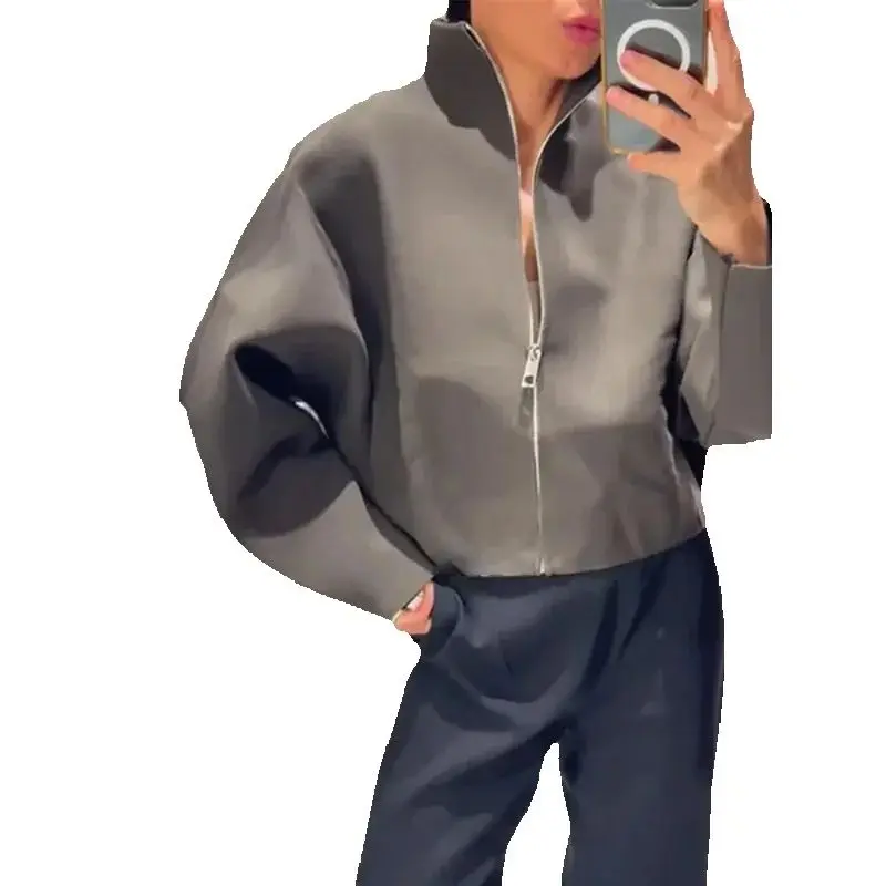 Moda damska 2025: Luźna kurtka z długim rękawem, jednolita, z klapami, pełny rękaw, zapinana na zamek, luźny krótki płaszcz, odzież wierzchnia do codziennych dojazdów do pracy.