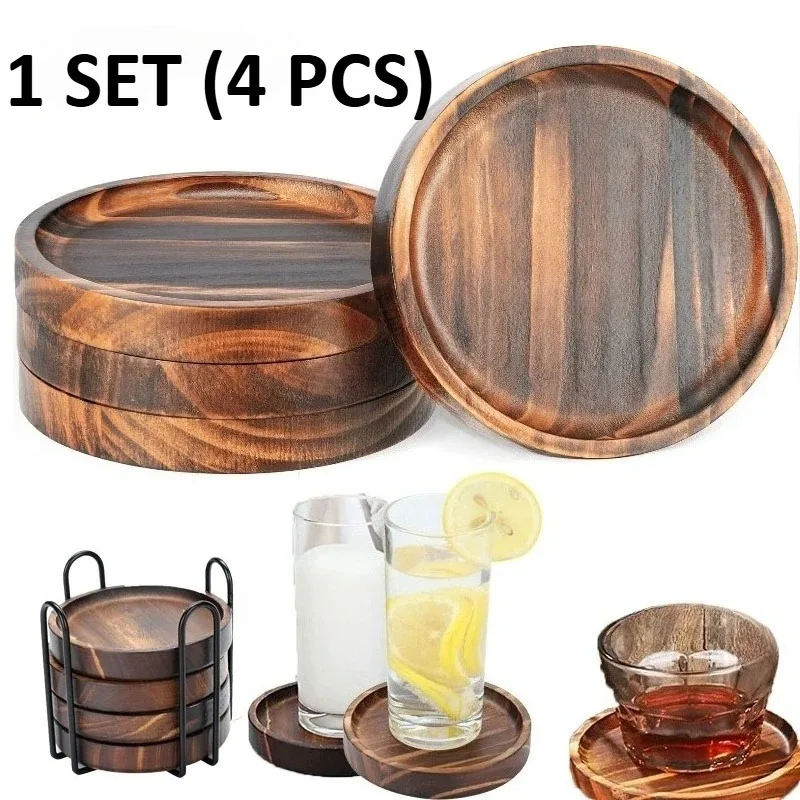 Wood Round Drink Coaster Anti Scratch Table Guard with Storage Rack for Cups Mugs Glasses 4Pcs Set