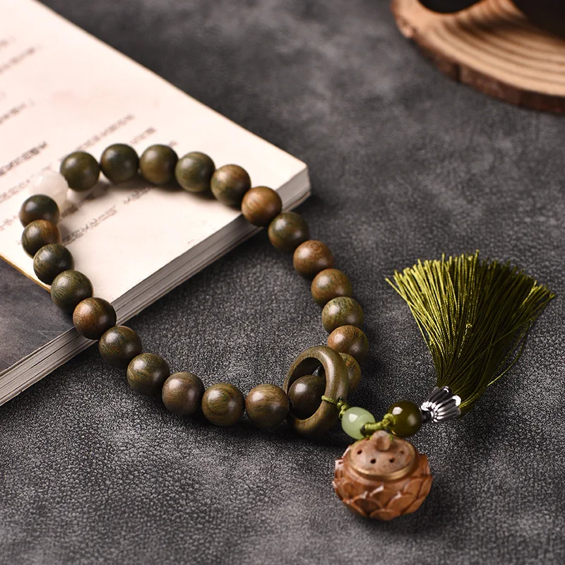 Natural Green Sandalwood 12mm Lotus Handheld Beaded Bracelet Sachet Running Ring Unisex Tassel Collectible Jewelry