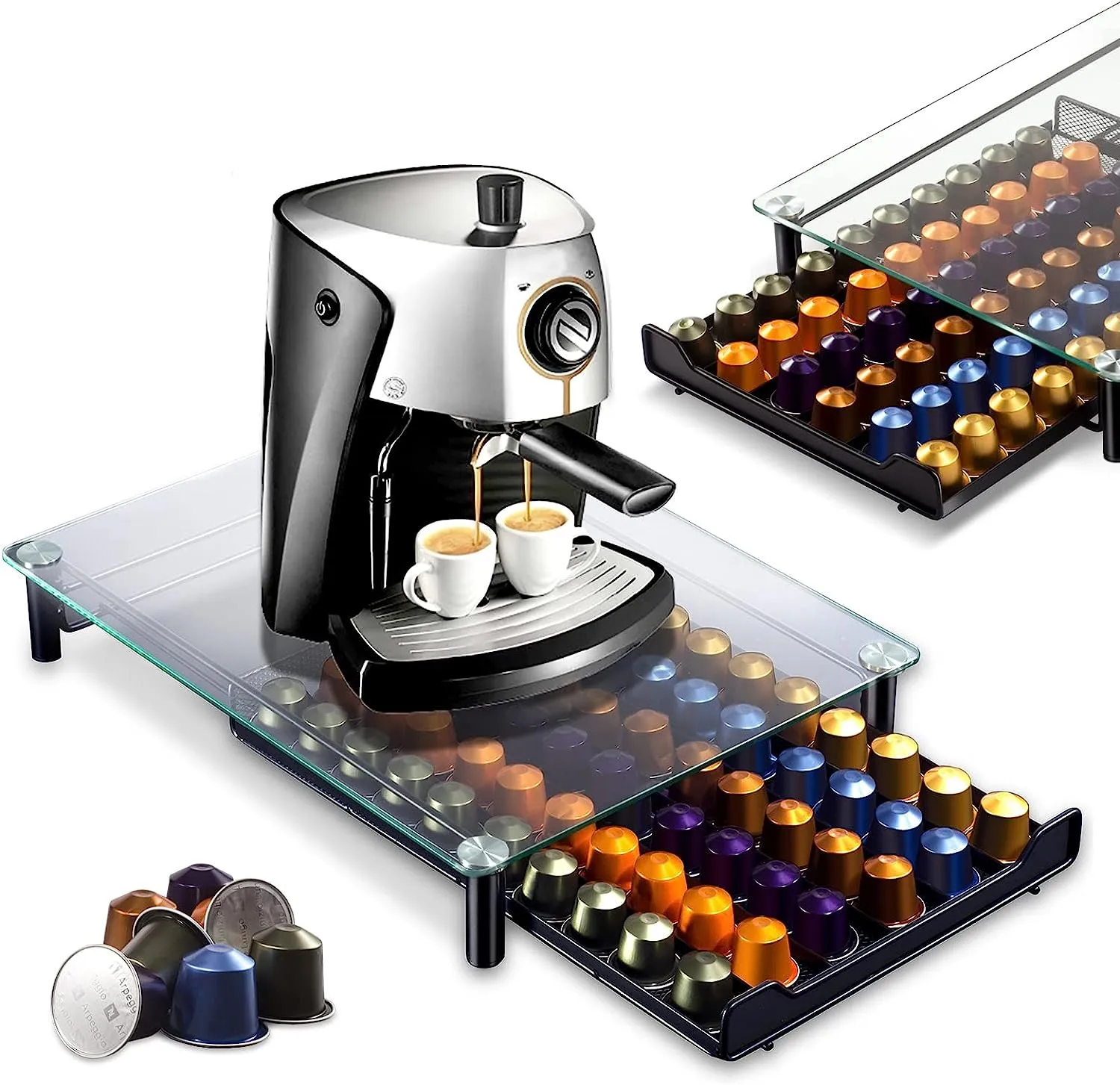 60 Cups Glass Nespresso Coffee Pods Holder Rack Coffee Capsule Stand Storage Shelves For Coffe Holder Drawer Stainless Steel