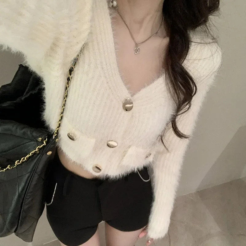 Women New Chic Solid Colors Furry Cardigans V-Neck Slim Short Sweater Autumn Winter Simple Casual Knitted Cardigan Knit Sweater