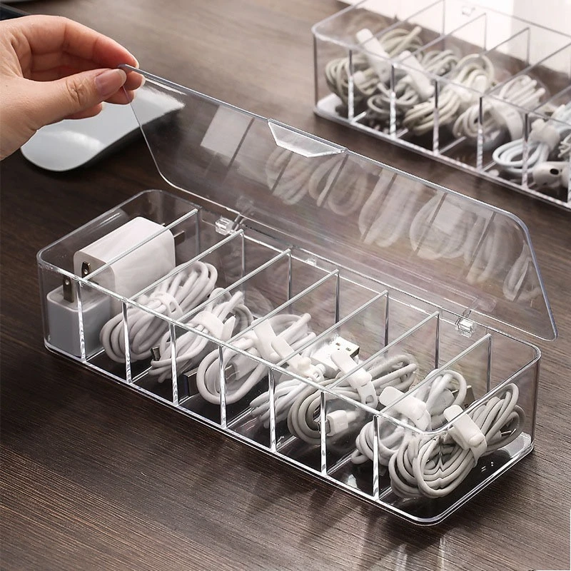 Cable Management Box with Lid - Desktop Wire Organizer - for Phone Charger Data Cable - Dustproof Storage Box Multi Compartment