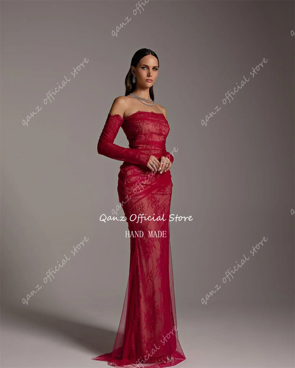 Qanz Lace Women Evening Dresses Long Sleeves Strapless Prom Dresses Women Customized Mermaid Luxury Bespoke Occasion Dresses