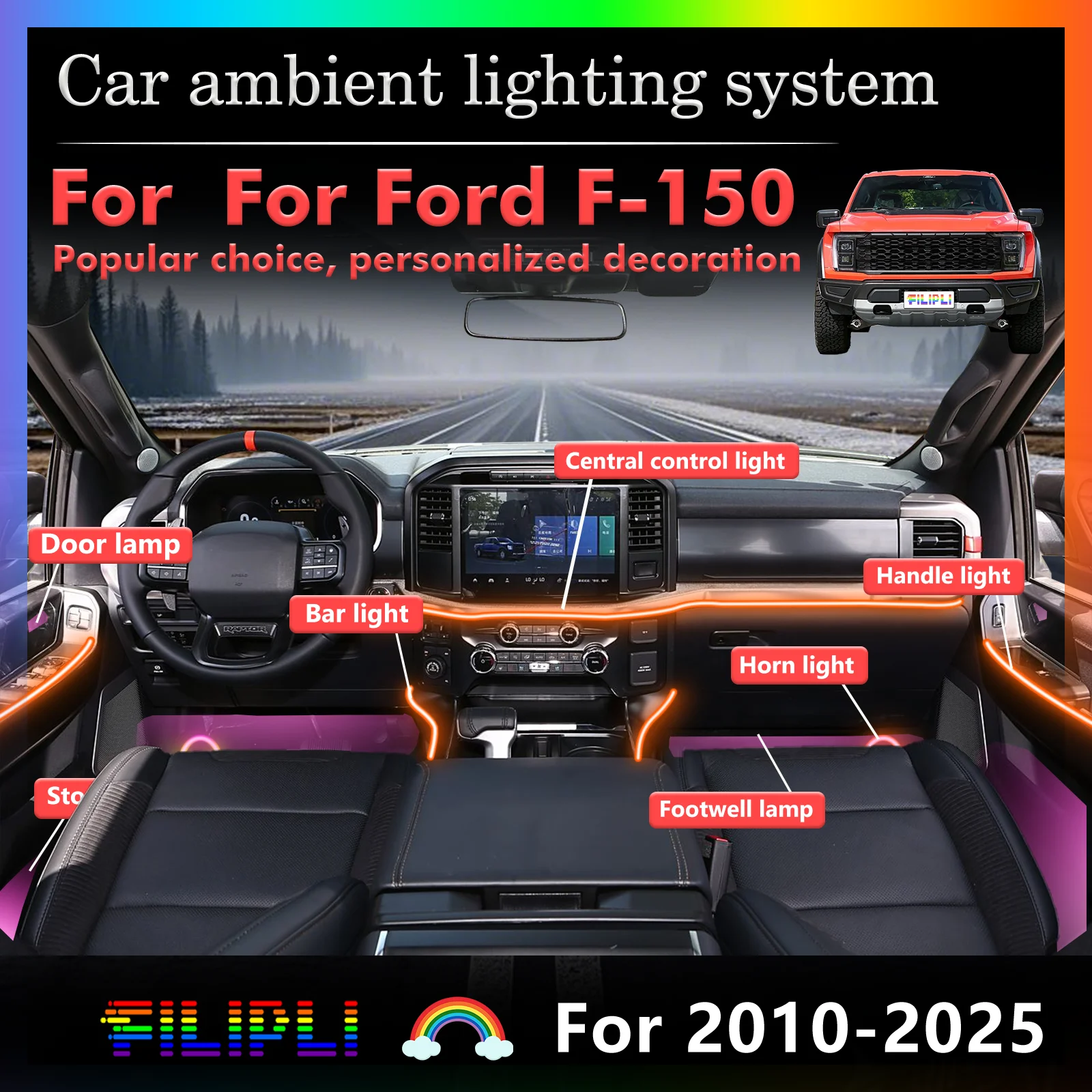 

Для Ford F-150 RGB 64-цветный светодиодный интерьер автомобиля окружающее освещение умный беспроводной пульт дистанционного управления энергосберегающий