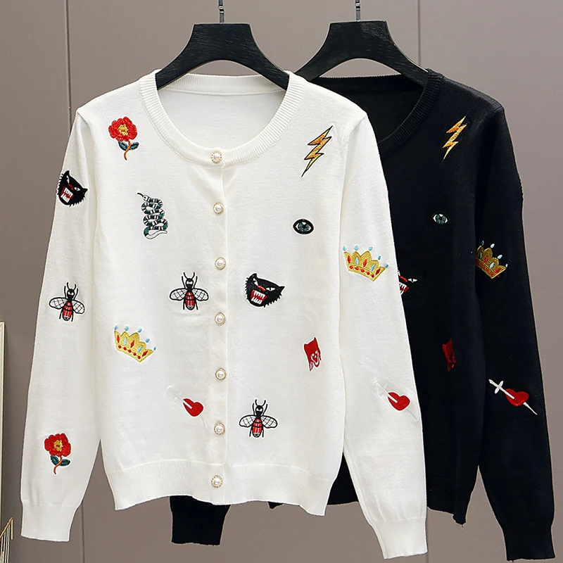 Streetwear Vintage Korean Style Cute Embroidery Knitted Cardigan Women\'s Jacket Sweater