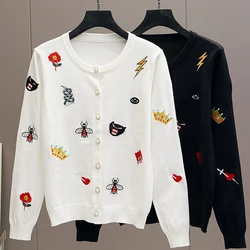 Streetwear Vintage Korean Style Cute Embroidery Knitted Cardigan Women's Jacket Sweater