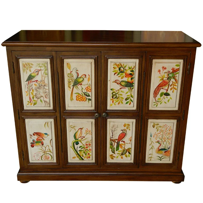 

American shoe cabinet entry foyer decorative cabinet Mediterranean retro storage painted flower and bird entrance