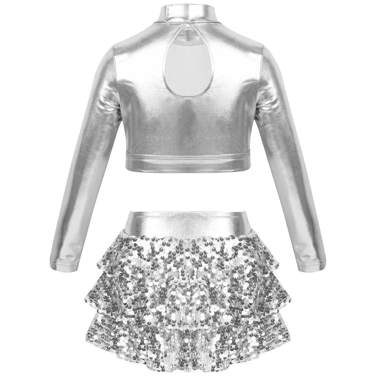 Kids Girls Shiny Modern Hip Hop Jazz Dance Outfit Stage Performance Costume Metallic Crop Top with Sequins Tiered Skirt Culottes