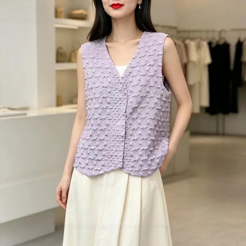 Miyake Pleated Vest Women 2026 Autumn New Solid Single Row Multi-Button Handmade Pleats Diamond Pattern Casual Women's Clothing