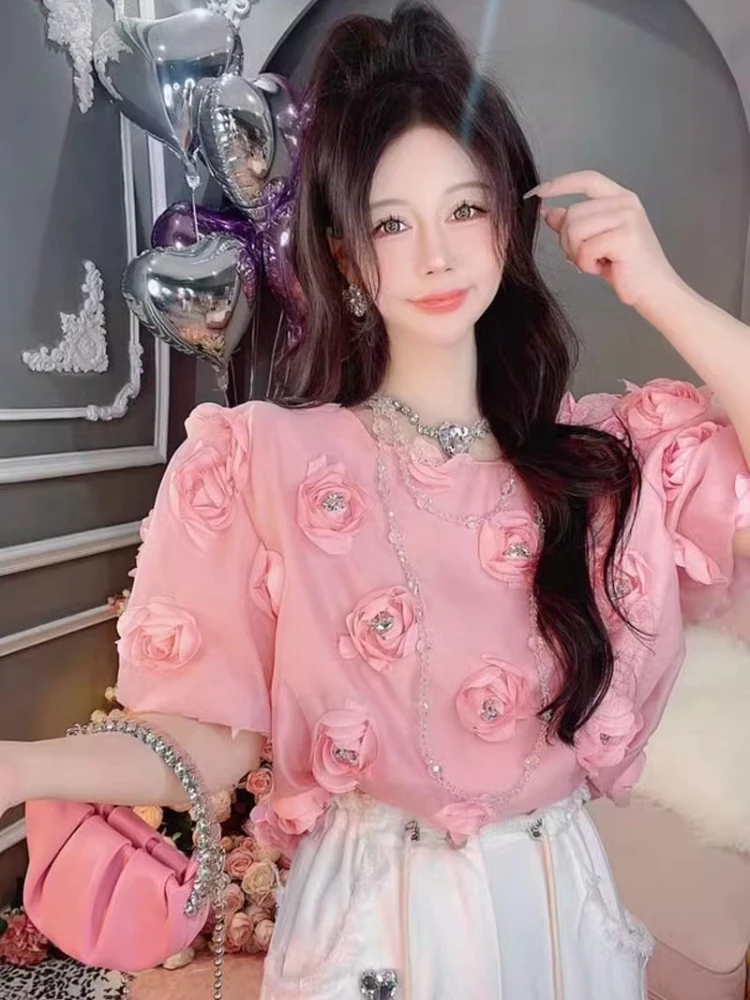 2024 French Pink 3D Rose Set Diamond Shirt Tees Women\'s Summer New High Quality Loose Korean Commuter Slimming Top Trendy