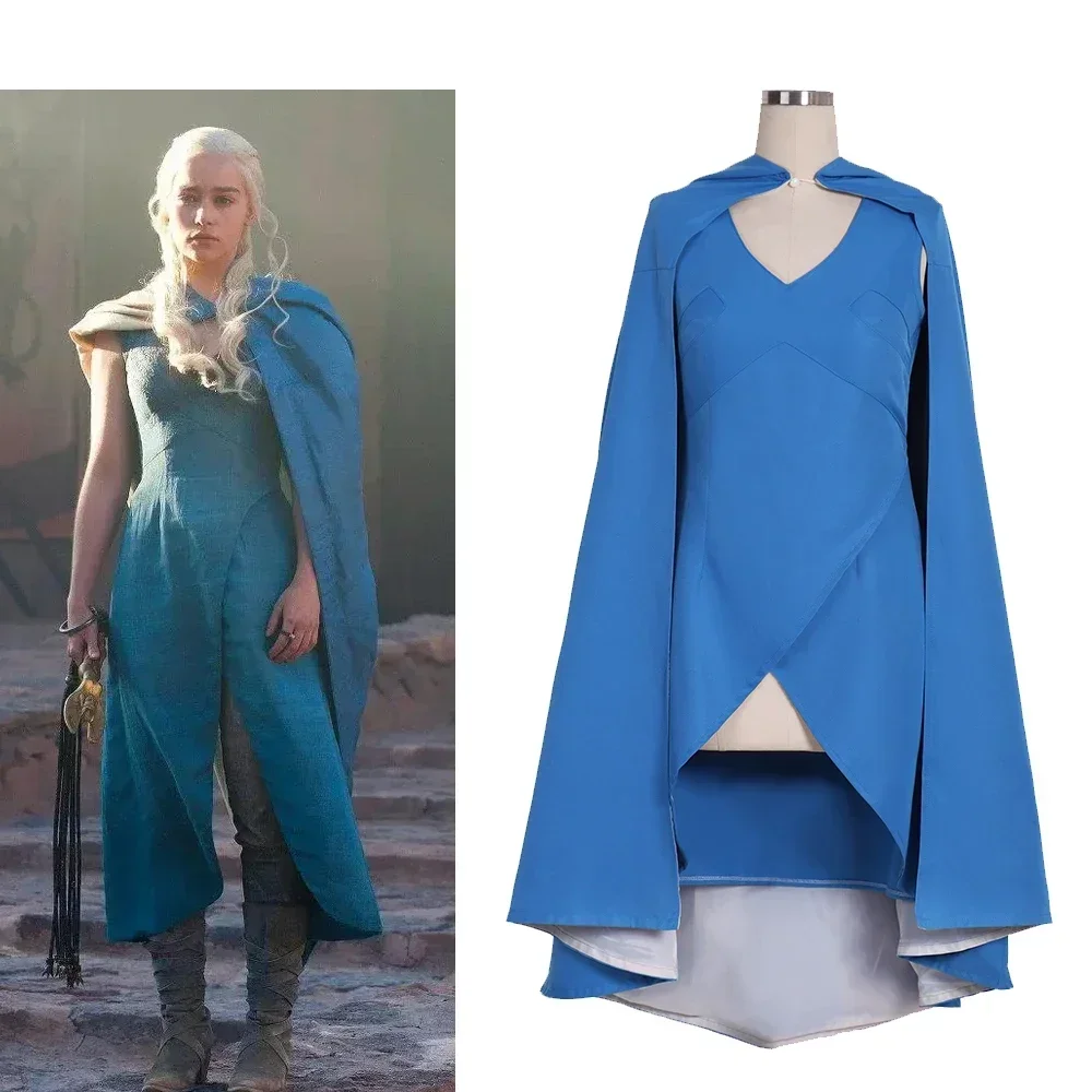 

TV Series Daenerys Cosplay Targaryen Costume Blue Dress with Cape for Women Halloween Party Stage Performance Suit