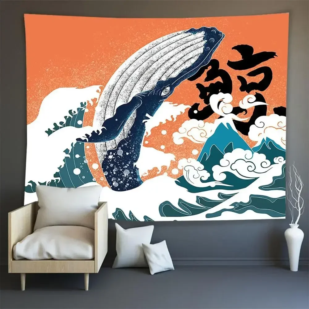 Hot Japanese Kanagawa Waves Printed Hanging Tapestry Whale Elk Wall Hanging Tapestries Boho Bedspread Blanket