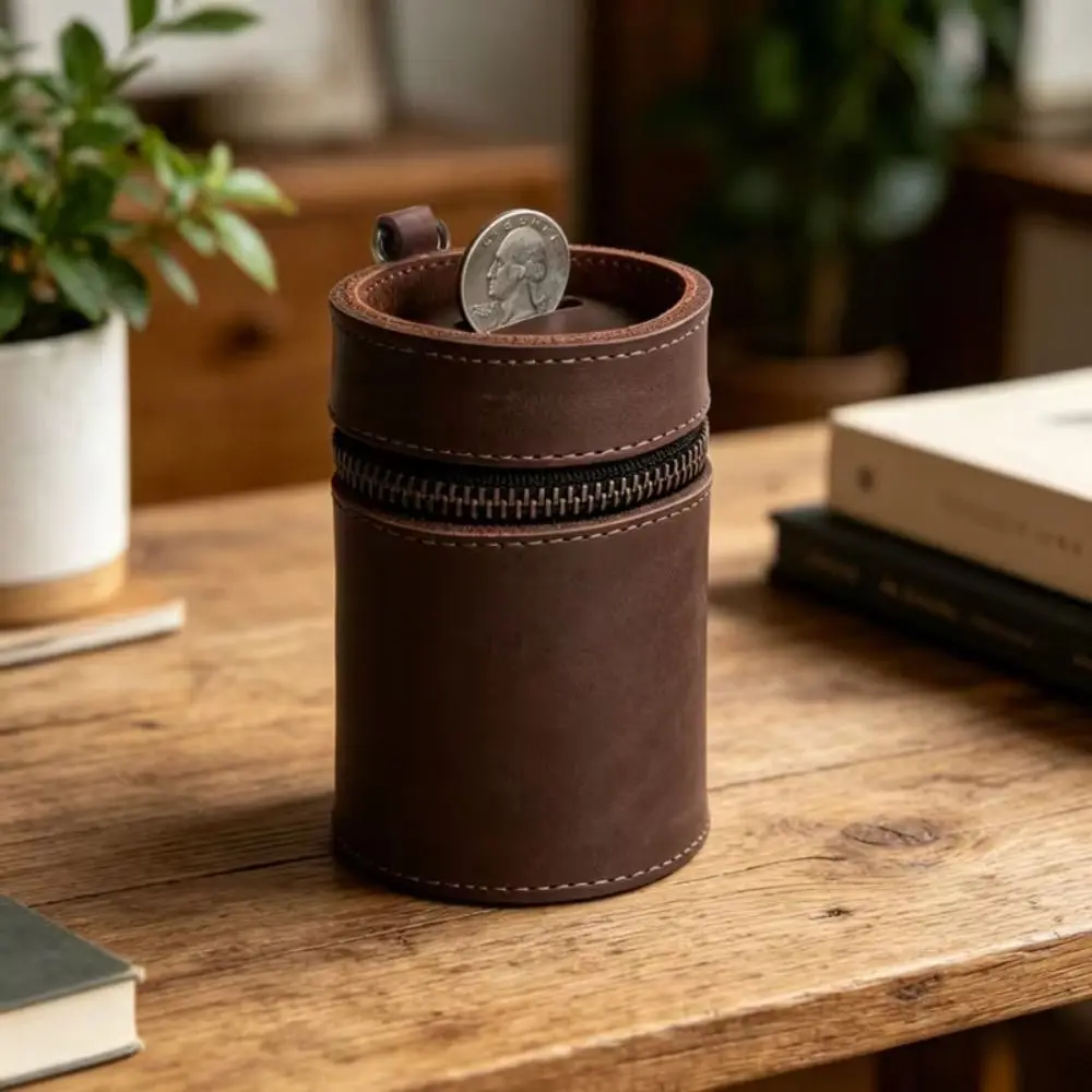 PU Leather Coin Bank Zipper Closure Vintage Style Coin Purse Round Cylinder Shape Coin Slot Keychain Coin Holder Daily Carry