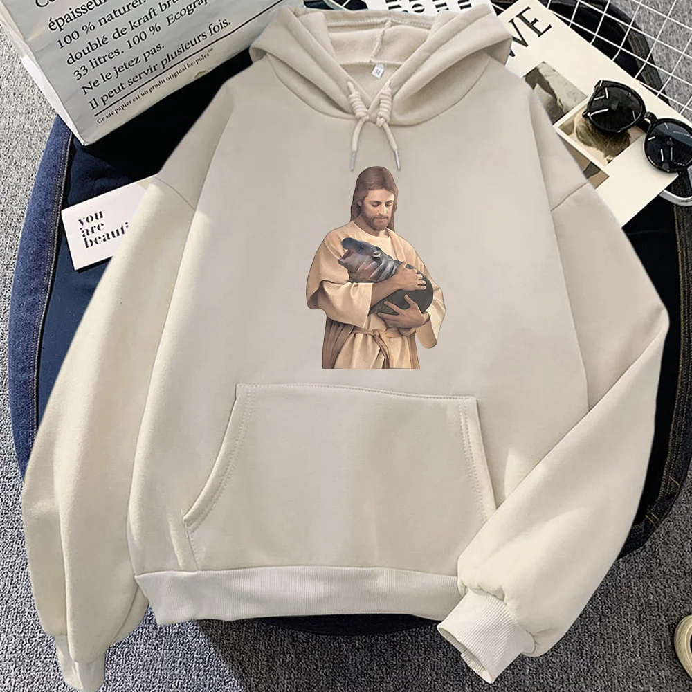 

Moo Deng Jesus Meme Cartoon Hoodie Funko Pop Cute Sweatshirt Graphic Printing for Autumn/Winter Kawaii Clothing Moletom Hoody