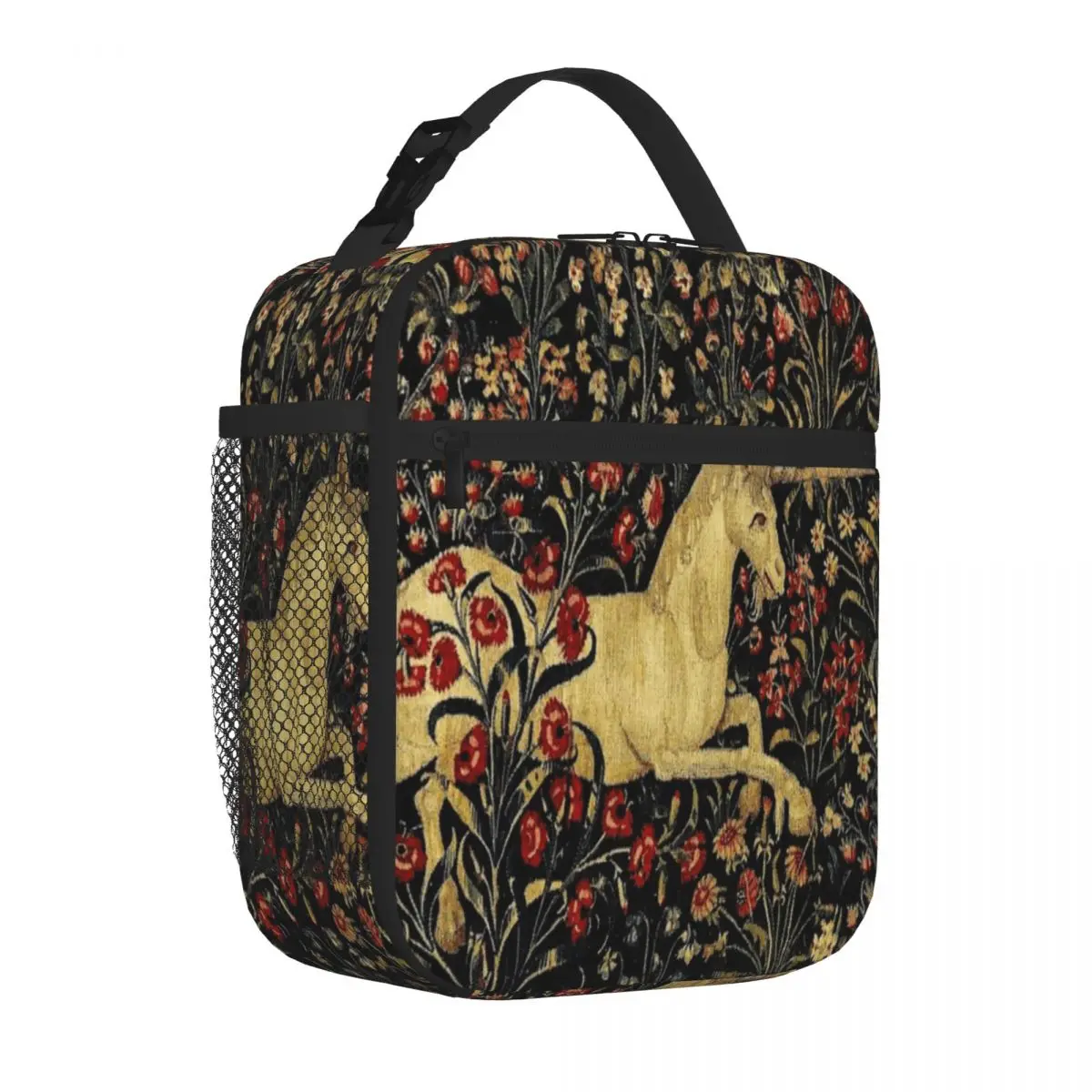 Bestselling Medieval Unicorn Midnight Floral Tapestry Soft Touch Neoprene Lunch Bag Business Commute Lunch Box Bag