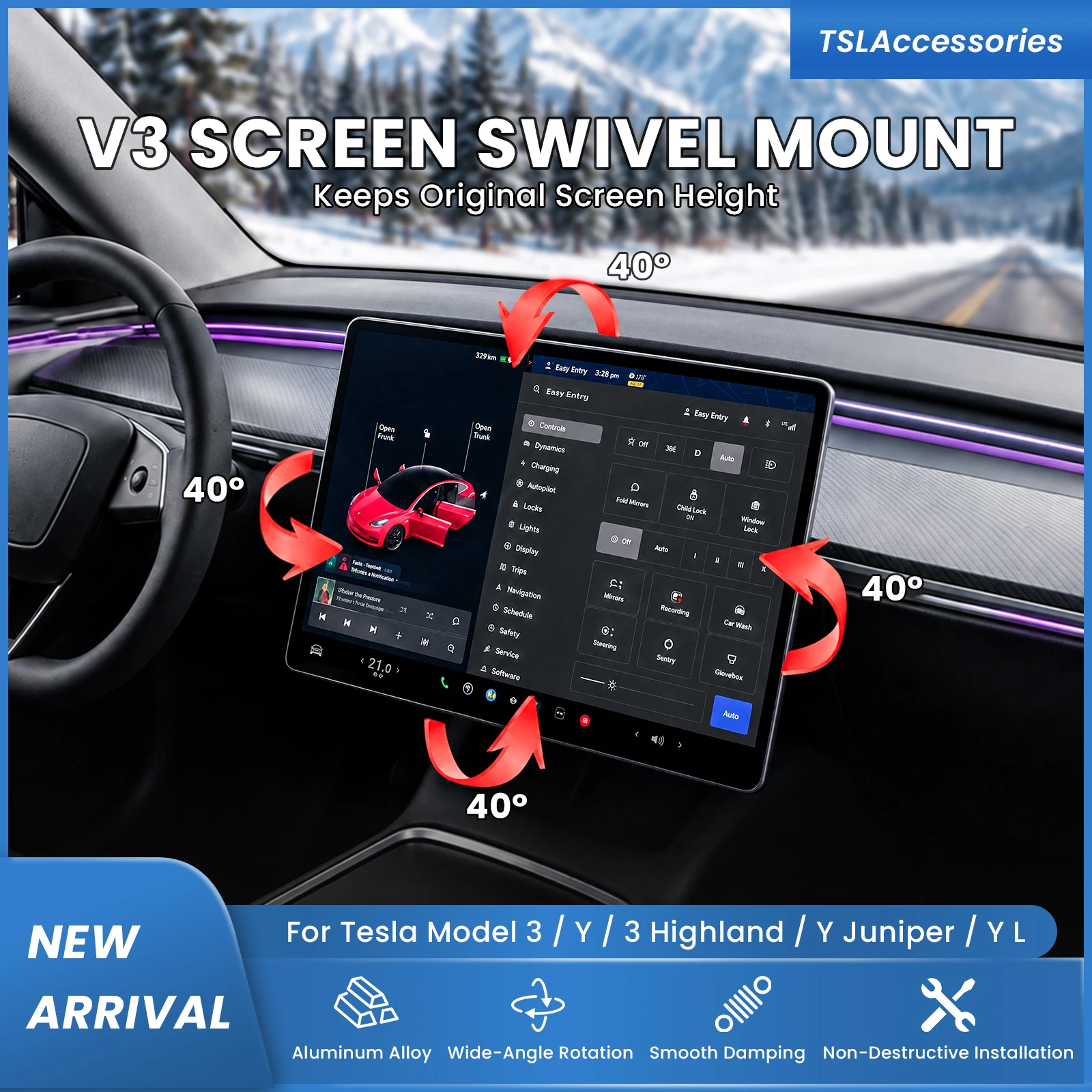 V3 Center Screen Swivel Mount Kit For Tesla Model 3 / Y / 3 Highland / Y Juniper / Y L Original Height 4 Way Adjustable LHD RHD