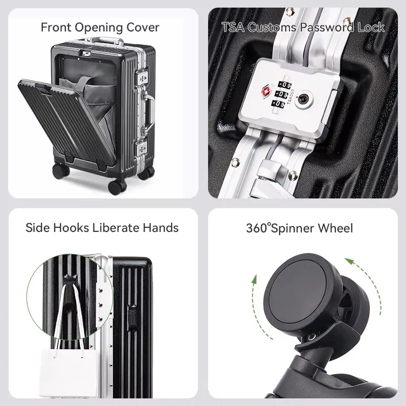 الألومنيوم الإطار حقيبة الجبهة افتتاح السفر المتداول الأمتعة سبيكة عربة PC مع قفل TSA حمل على المقصورة المعتمدة 20 بوصة