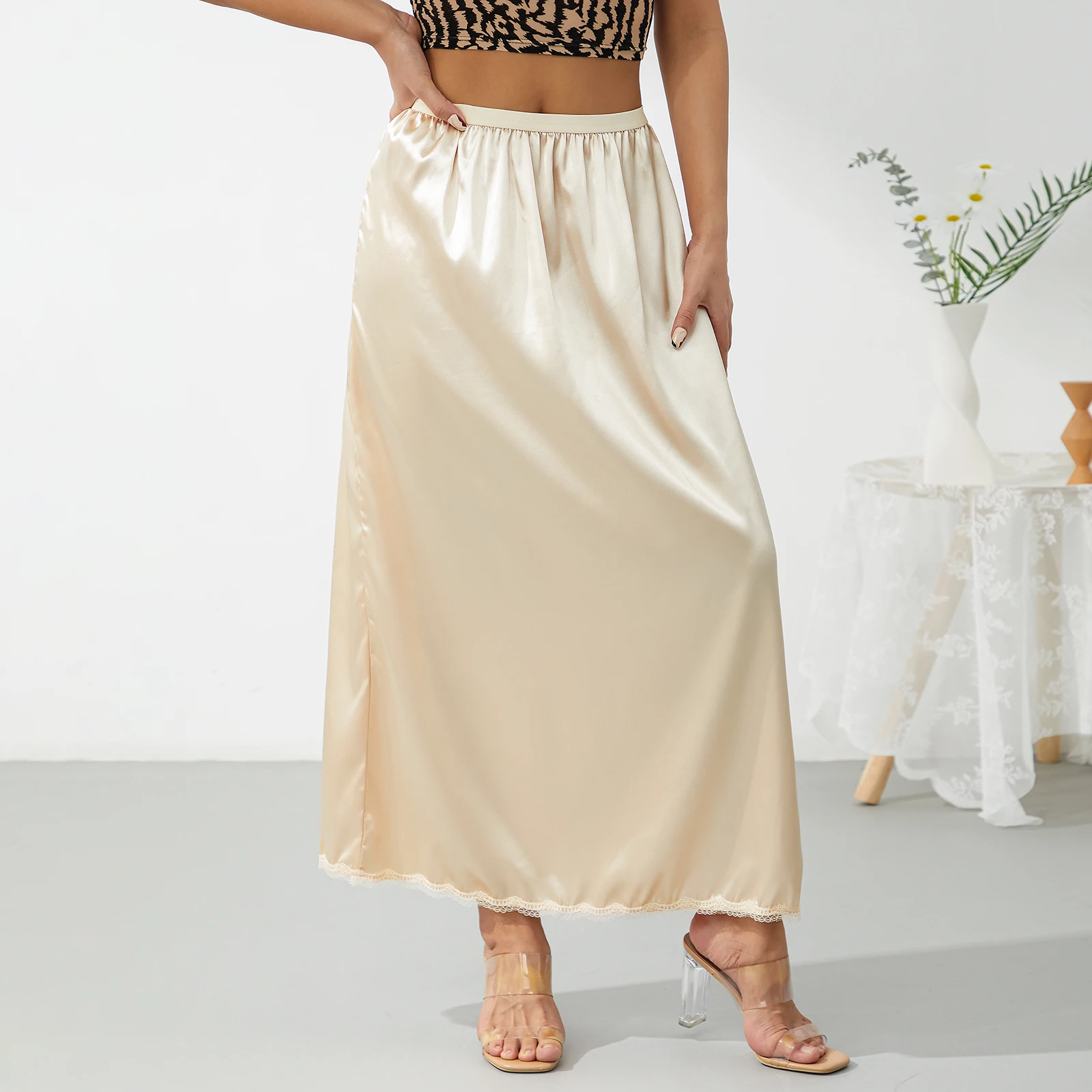 Vrouwen Half Slip Onderrok Effen Kleur Elastische Taille Binnenvoering Voor Midi Rok Lange Onderrok Voor Dames