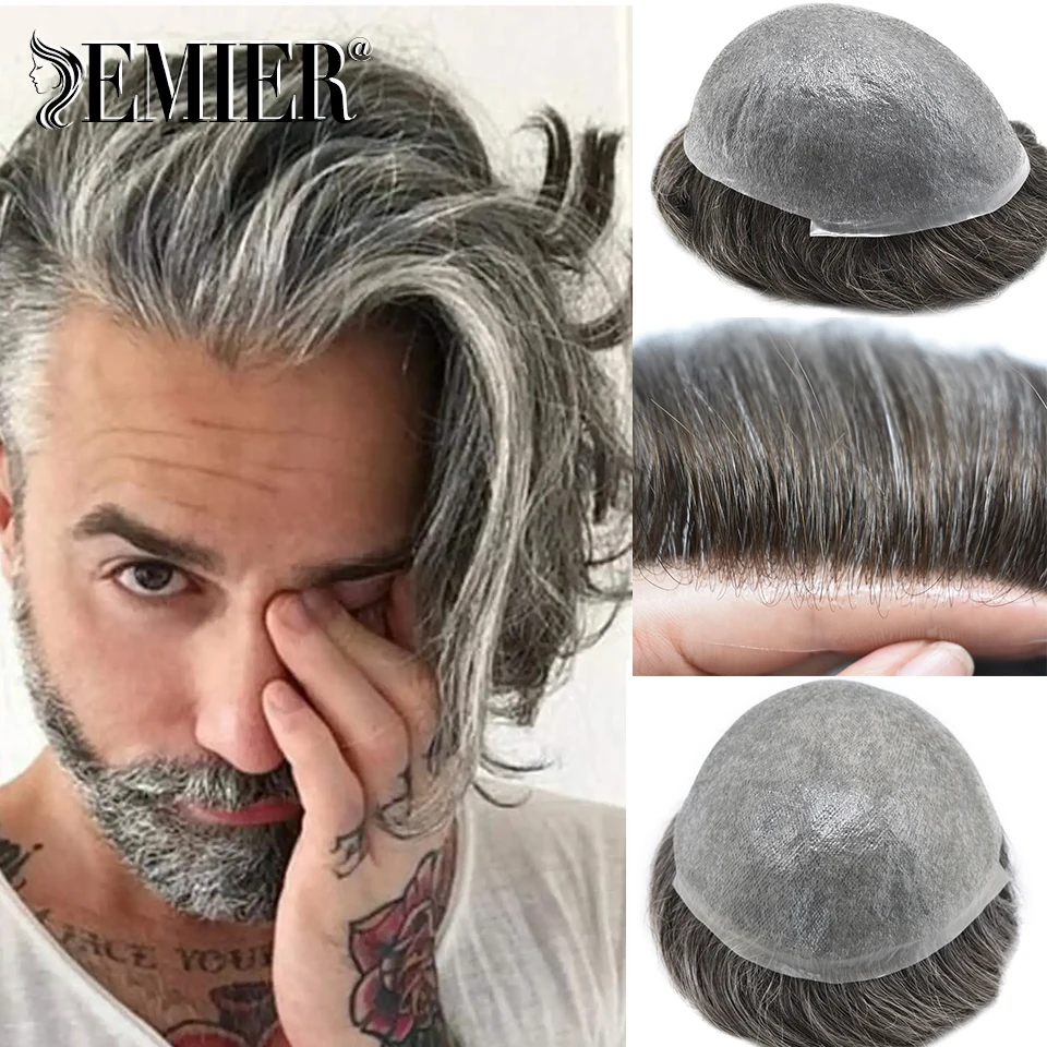 0.03-0.04mm pelle sottile PU Base uomo parrucchino protesi intrecciata per la perdita di capelli unità di capelli maschili sostituzione dei capelli degli uomini sistema di capelli umani