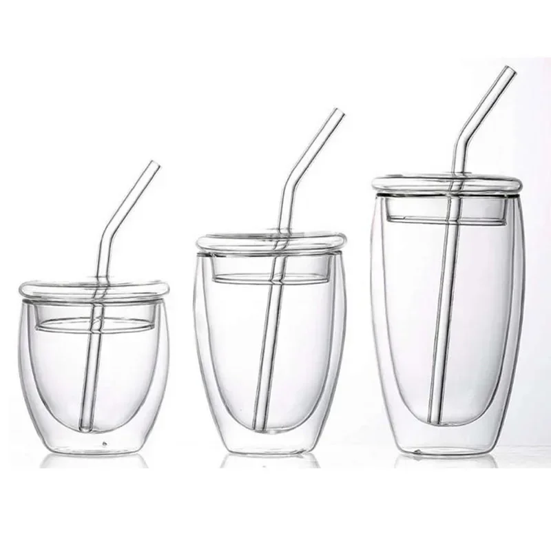 450ml Double-layer Glass Insulated Dessert Coffee Mug with Lid Straw Milk Jug Transparent Sealed Cup Creative Drinkware