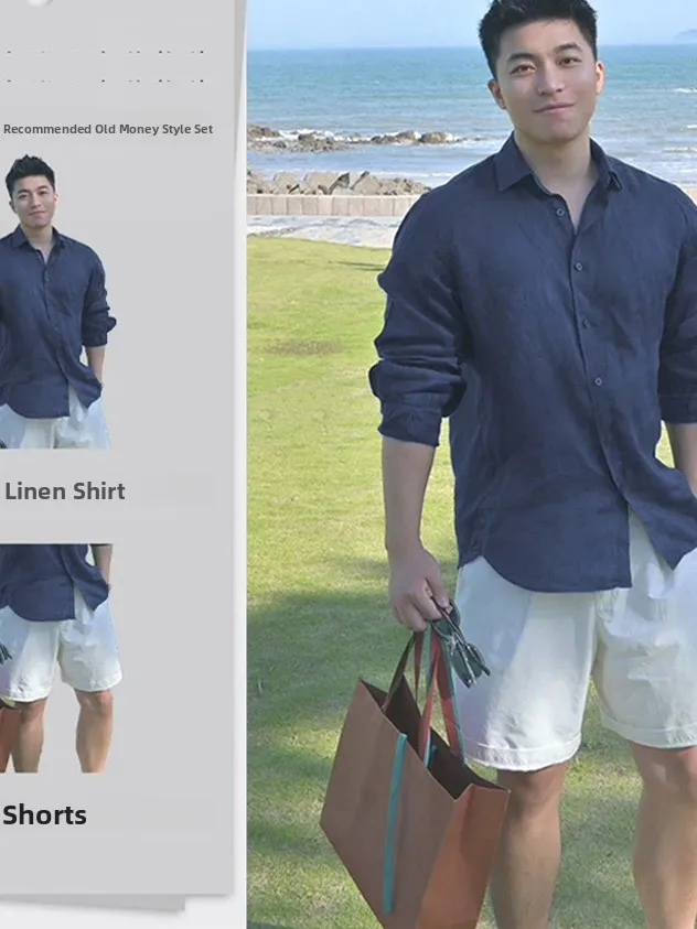 

Casual Cotton Linen Beach Vacation Men's Outfit Long Sleeve Shirt Breathable Workwear Five-Quarter Shorts Set Youth Trend Loo...