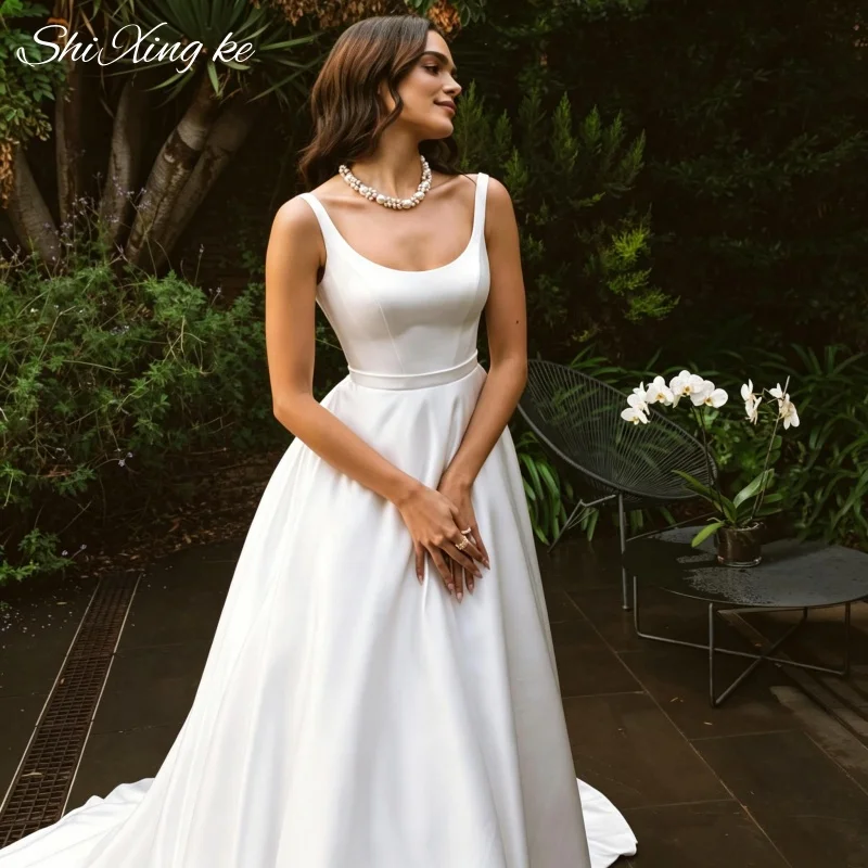 Beach Wedding Satin A Line Bridal Gown U Neck Sleeveless Button Back Vestidos De Novia Customized