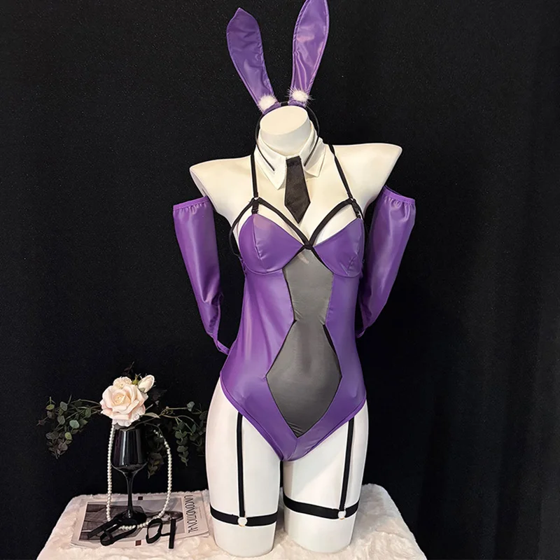

Anime Girl Bunny Cosplay Costume Sexy Purple Rabbit Bodysuit Maid Jumpsuit Uniform Role Play Lingerie