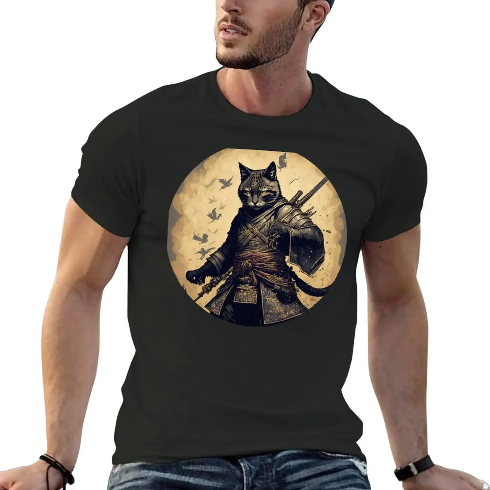 

Japanese samurai cat ninja T-Shirt tops blacks plus size tops quick drying mens graphic t-shirts funny