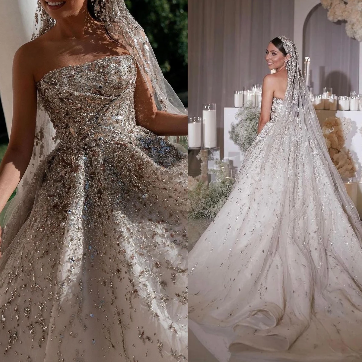 Gorgeous Wedding Dresses Strapless Crystals Bling Sequins Backless Sleeveless Bridal Gowns Robes De Mariée Customized