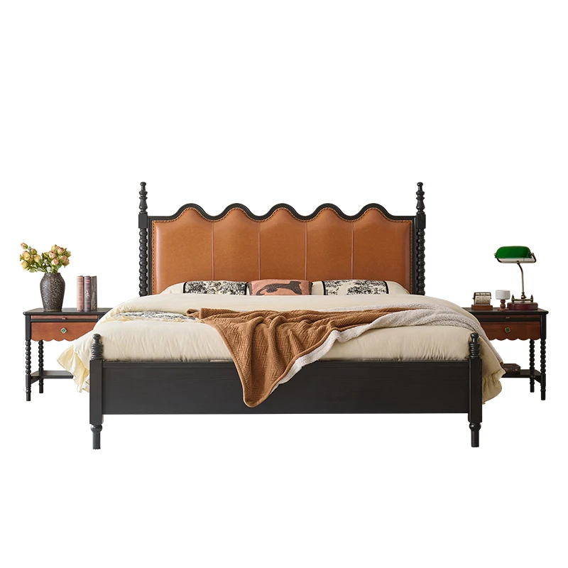 

Retro double solid wood leather soft bag bed master bedroom big bed American medium and ancient style solid wood 1.8 meters