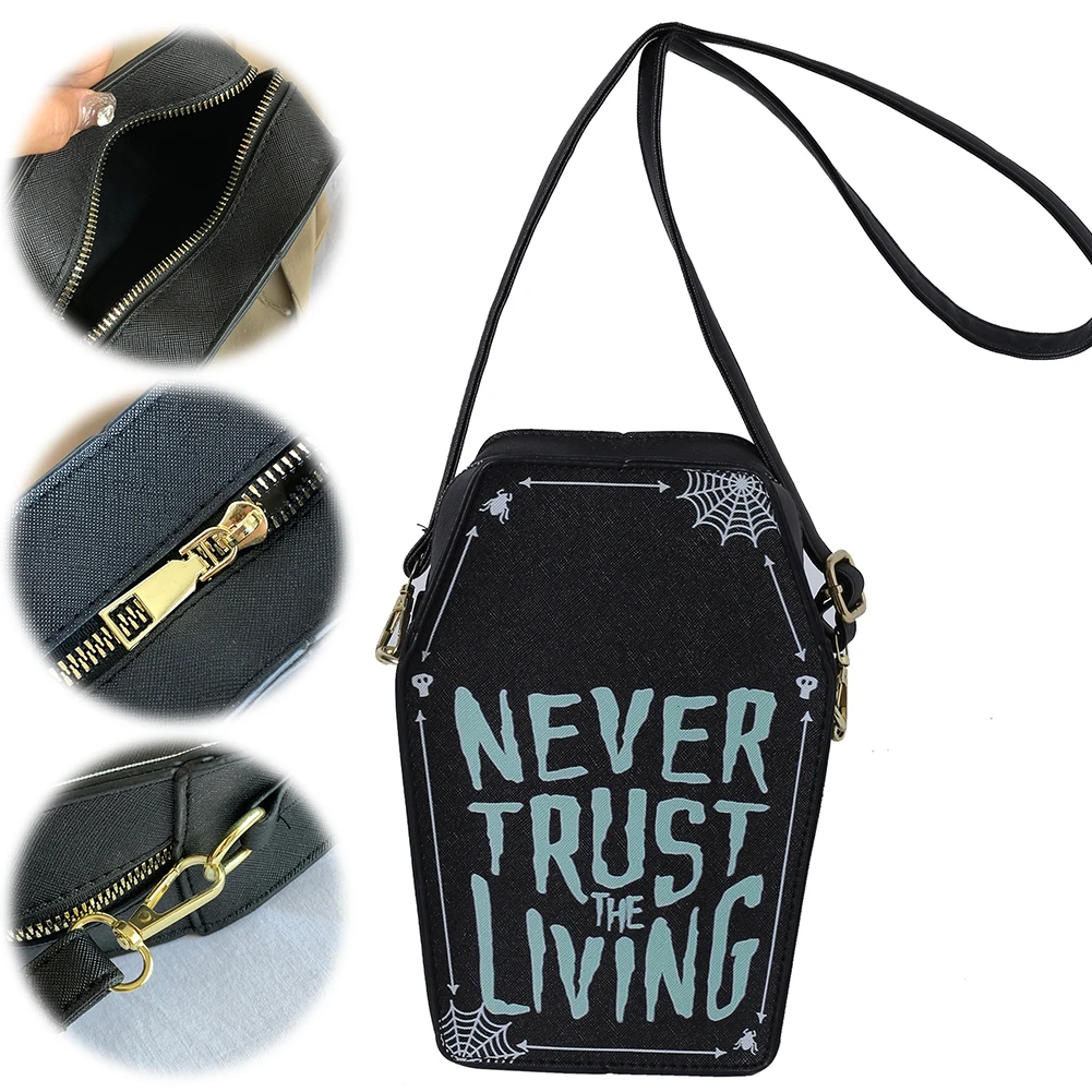 Gothic Shoulder Bag Women PU Leather Coffin Shape Handbag Adjustable Strap Hobo Bag Phone Bag for Halloween Cosplay