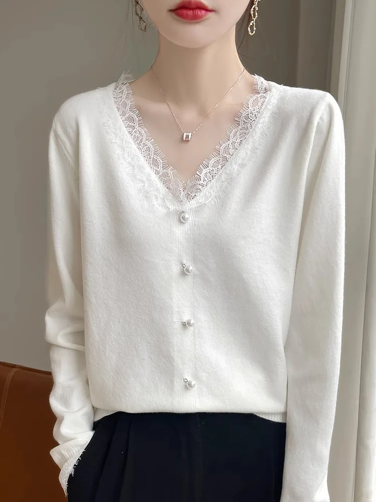 엘레 레이스 니트웨어 이너웨어 봄 가을 신상 슬레 스웨터 패셔너블 에이지얼 다용도 베이스 탑 출퇴근용 슬레 루즈핏