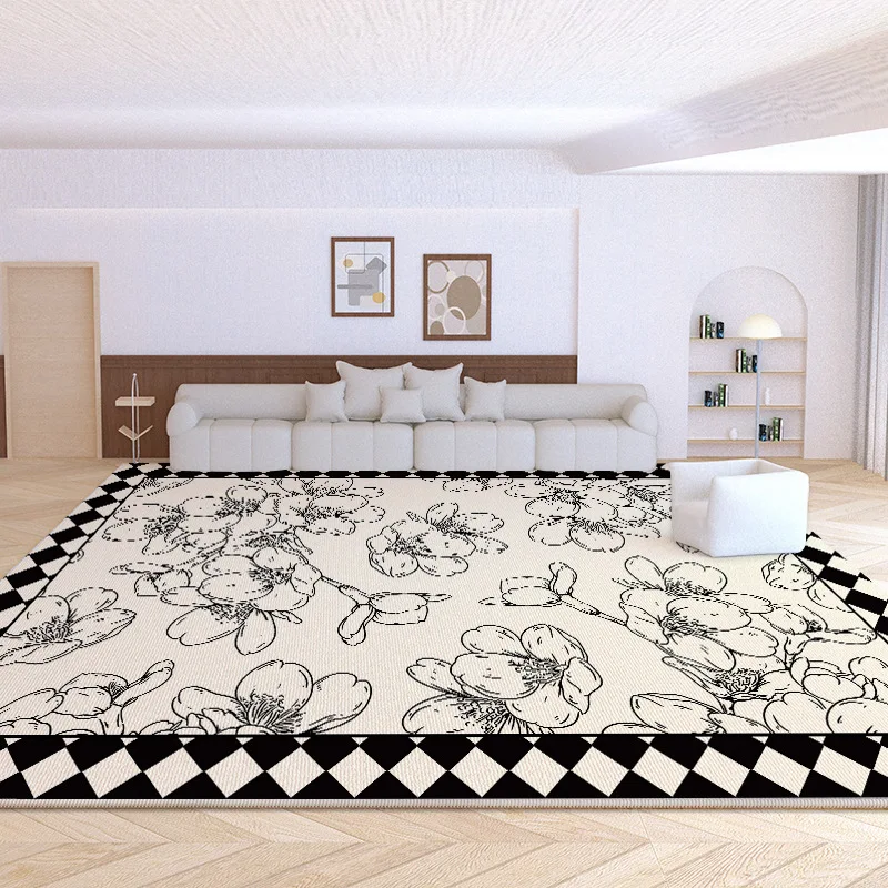 

Living Room Carpet Bedroom Bedside Loop Velvet Rug Black White Retro Sofa Coffee Table Area Rugs Home Non-slip Floor Mat