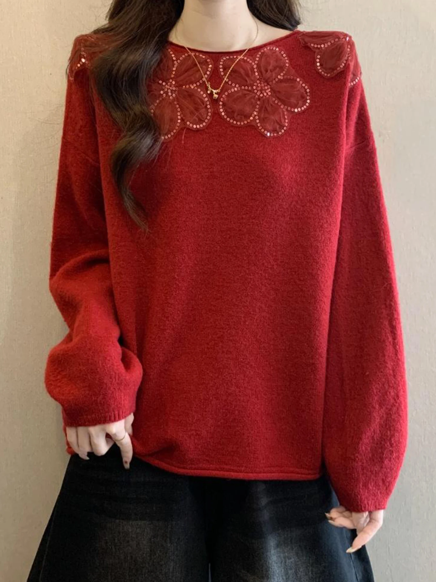 

Уникальный красивый вязаный свитер с 3D цветами и бисером, красный, женский, осенне-зимний, больших размеров, свободного кроя, с эффектом роскоши