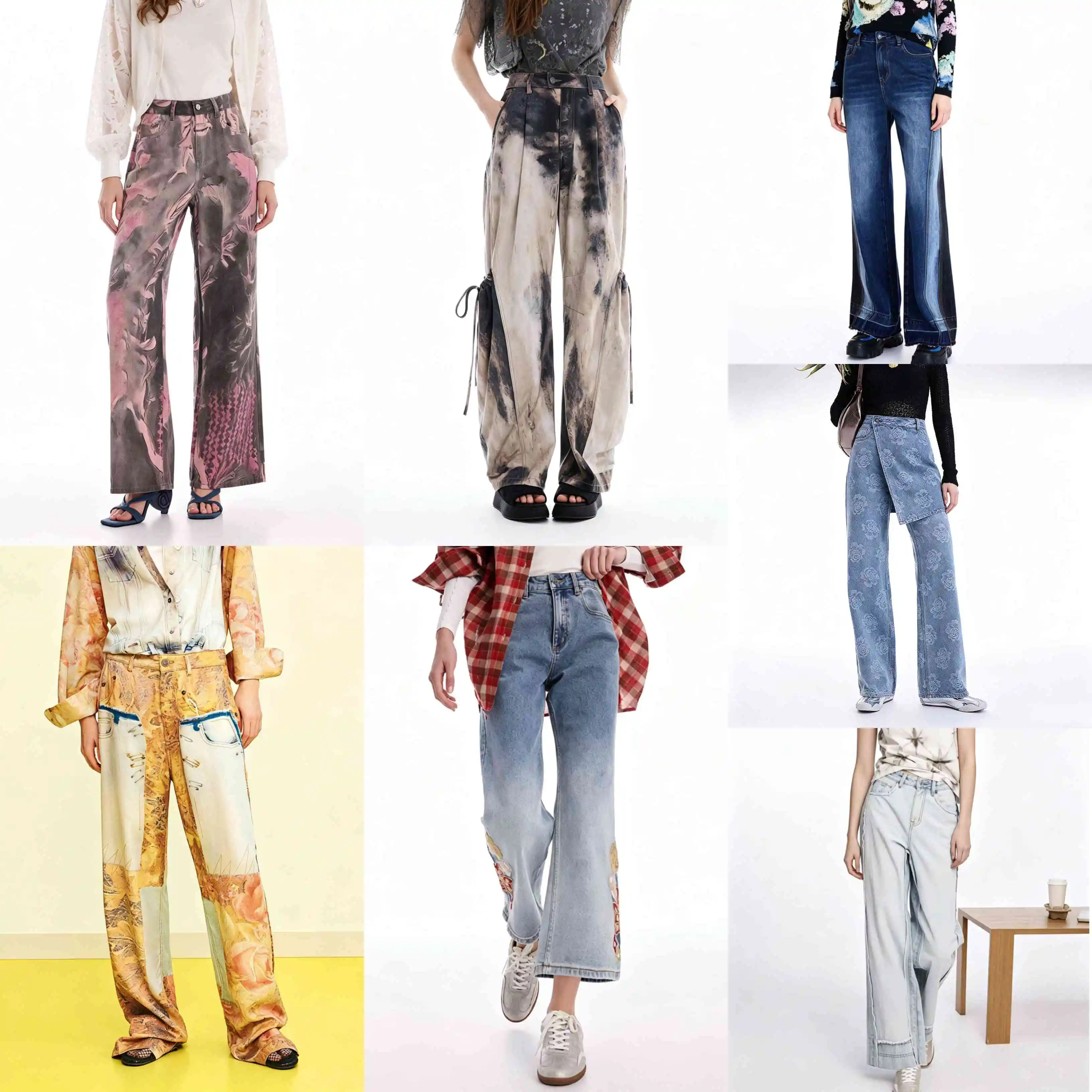 

2026 European and American Original Spanish Denim Women's Patchwork Print Embroidered Straight Leg Pants