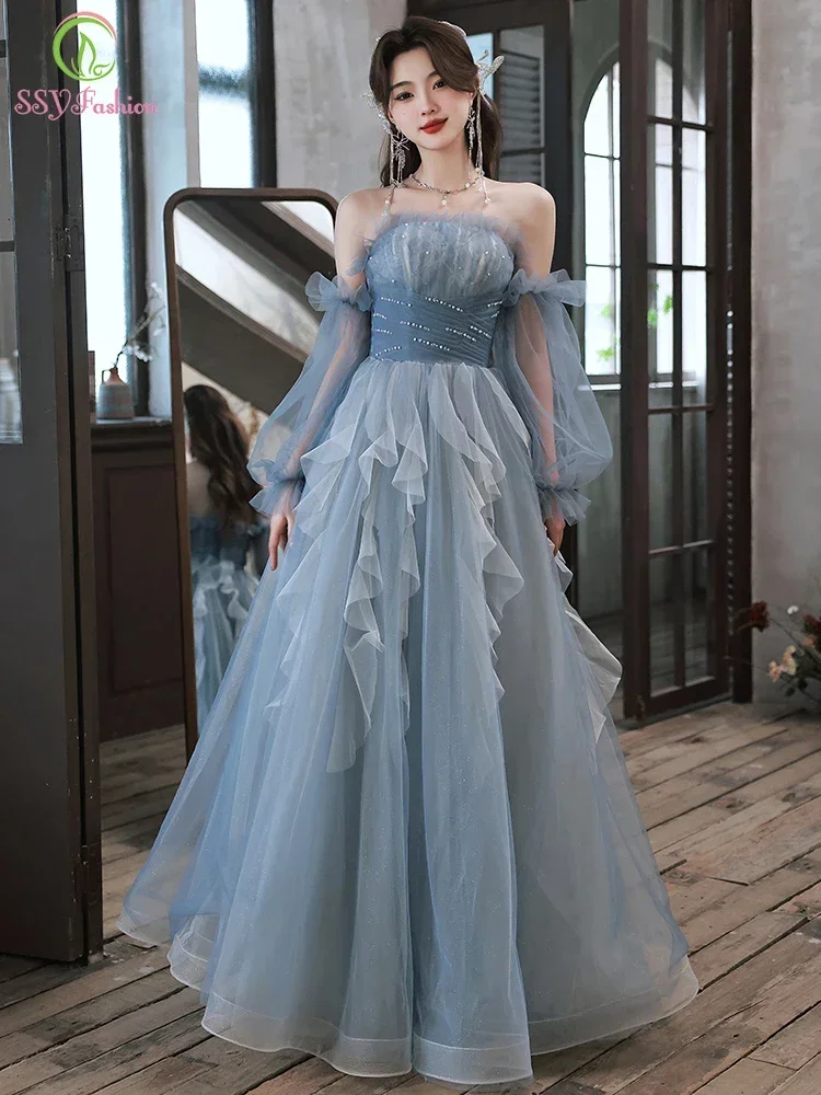 Customized  Grey Blue Evening Dress for Women Romantic Ruffles Strapless A-line Floor-length Party Formal Gowns Robe De Soiree