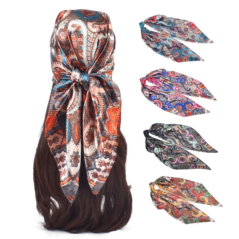 

Handkerchiefs Hair Silk Scarf 90*90cm Print Satin Big Square Silk Scarves Shawls For Women Luxury Brand Ladies Hijab Headband