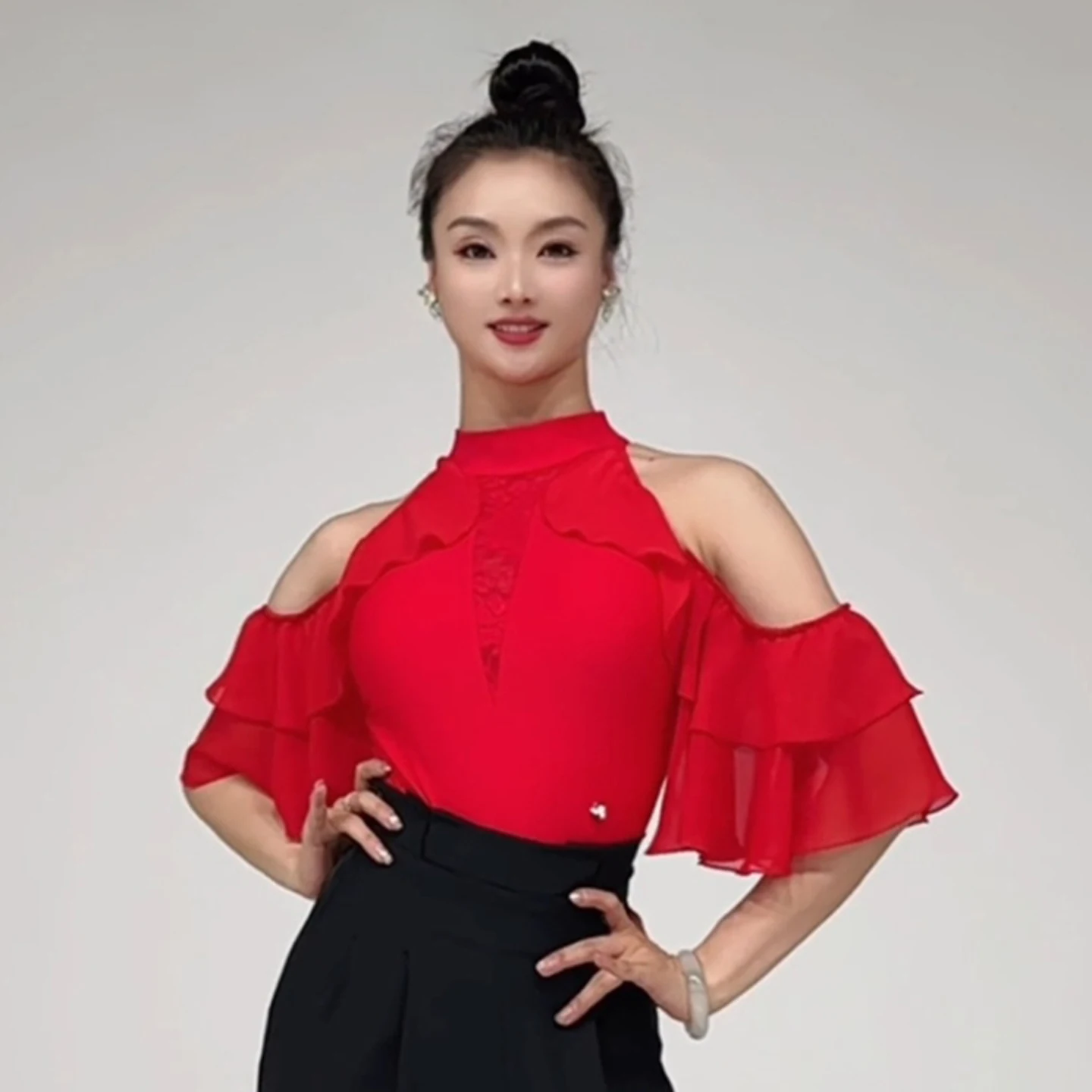 Latin Ballroom Dance Clothes Black Red Lace Tops Straight Trousers Ladies Waltz Dance Practice Clothing Performance Wear BL16456