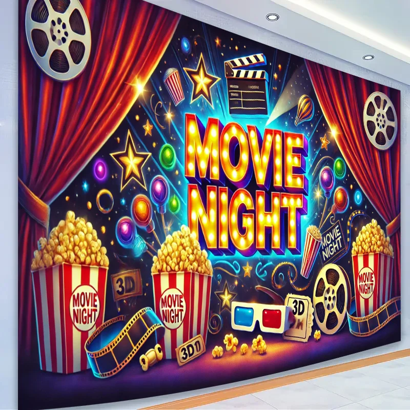 Hintergrundtuch für Filmnachtpartys, einschließlich Popcorn, Filmrolle und Sternenhimmel-Design