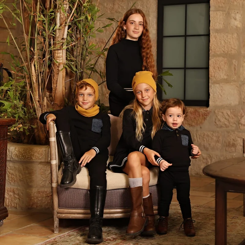 

Black family set girl dress boy casual shirt with denim pocket baby set long sleeves stripes trim black french terry hooded suit